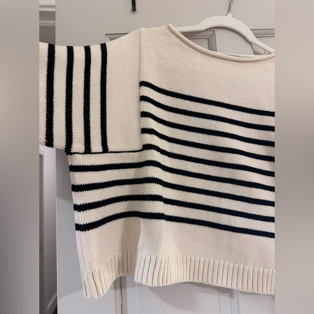 Madewell Rolled-Neck Cream and Black Striped Boatneck Sweater Medium EUC - Picture 10 of 11